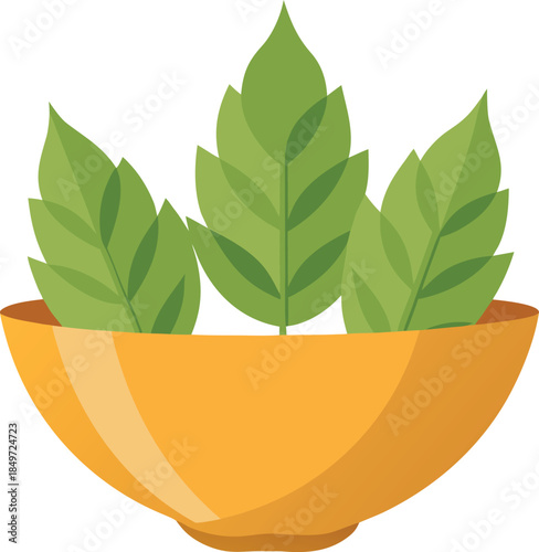 Simple illustration of three vibrant green leaves growing out of a rounded orange bowl icon