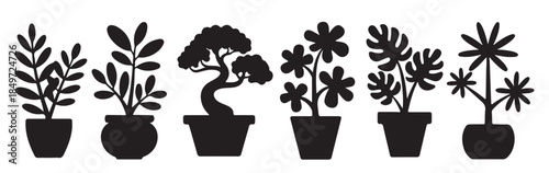 six black silhouette houseplants in pots botanical