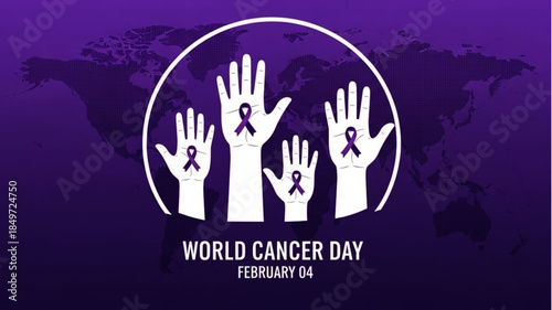 World Cancer Day February 4th Awareness with Purple Ribbons and Raised Hands Showing Support and Hope