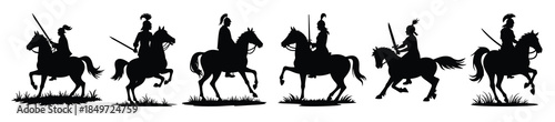 Six black silhouettes of horse riders with swords white background