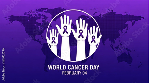 World Cancer Day February 04 Awareness Illustration Showing Hands with Cancer Ribbons Against a World Map Background