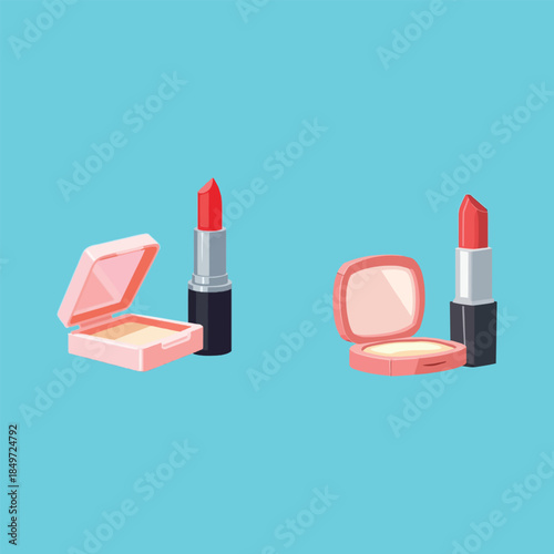 Beauty makeup products vector lipstick and face powder cosmetic illustration
