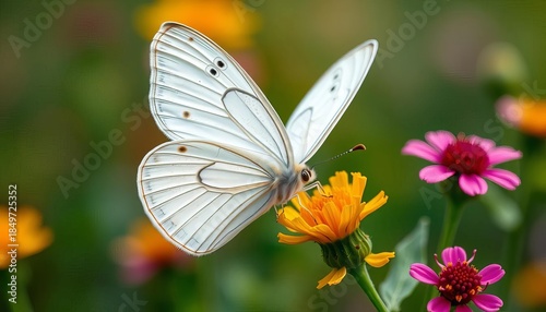 Delicate white butterfly with intricate wing patterns, perched on vibrant flower,  delicate,  natural