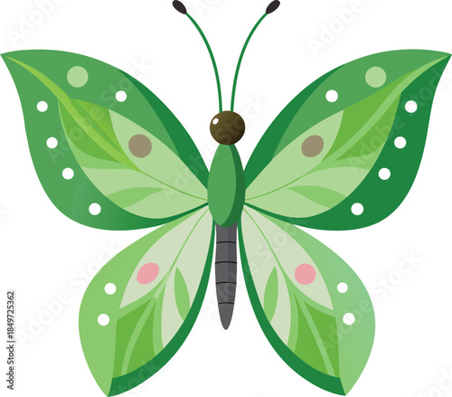 Vibrant green butterfly illustration with leaf patterned wings and delicate antennae isolated on white