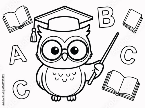 Cute cartoon owl wearing graduation cap and glasses holding pointer stick surrounded by ABC letters and books.
