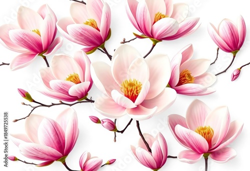 Elegant magnolia blossom repeat pattern on white background , illustration, beauty
