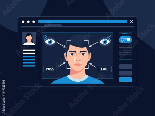 AI authentication check displays a face scan with pass/fail results. Modern digital interface with a man's portrait and biometric data. Clean, futuristic design.