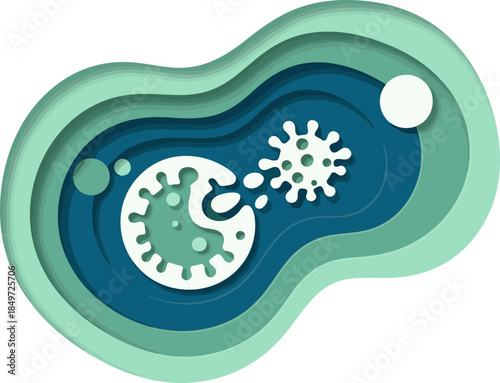 layered paper cut illustration depicts the immune system defending against pathogens Vibrant teal and green hues create a modern informative design Perfect for health science and wellness visuals