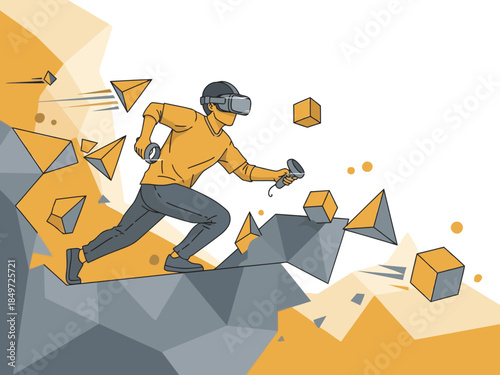 A man wearing a VR headset races through a crumbling landscape of geometric blocks, engaging in an immersive gaming experience. Dynamic action and vibrant colors.