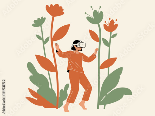 A person wearing VR goggles explores oversized, stylized flowers. A vibrant, modern illustration evokes a sense of discovery and rhythm.  Perfect for tech, wellness, and lifestyle themes.