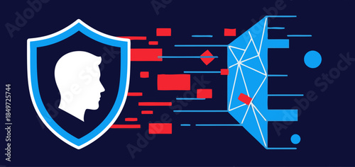 Protect your identity! A modern shield blocks digital threats with a dynamic data stream. Bold blue and red colors create a powerful, secure visual.