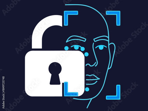 Secure face access illustration. A stylized face within a lock icon, overlaid on a digital grid. Modern, blue and white design.  Ideal for security and technology concepts.