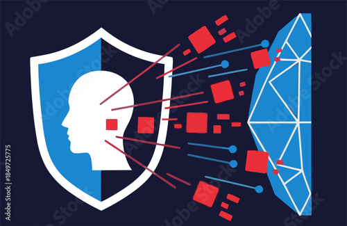 Shielding identity with digital protection. A stylized shield protects a human head from fragmented data. Modern, vibrant, and secure concept.