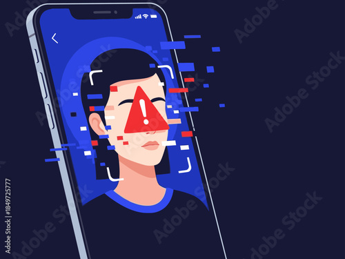 Smartphone displays a blocked spoofing attempt. A blurred face with a warning symbol highlights digital security concerns. Modern, graphic design.