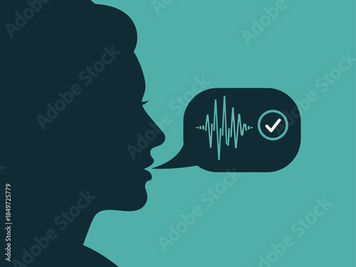 A silhouetted woman speaks into a speech bubble with a waveform and checkmark. Modern graphic design, conveying reason and validation. Teal background.