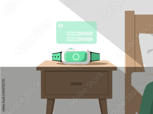 A smartwatch displays an emergency contact on a bedside table. Modern, minimalist design. Focus on safety and technology. Bright, clean aesthetic.