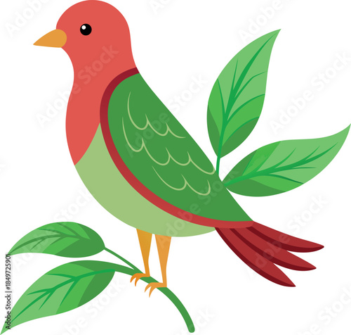 Colourful cartoon tropical bird perched on a leafy branch in a simple flat vector style