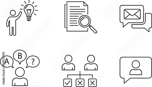 Idea generation, document review, messaging, discussion, and decision making outline icons set for communication, analysis, and user interaction