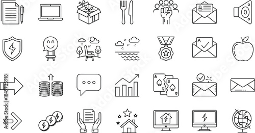 Minimal line icons set for business, communication, education, finance, rewards, lifestyle, technology, marketing, and user interface elements in modern outline style