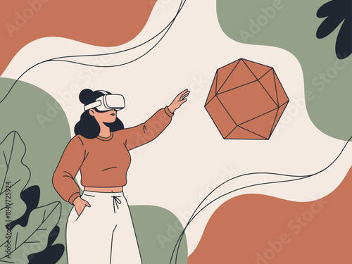 A woman explores a virtual world with VR goggles, interacting with a geometric shape. Modern, digital, and futuristic concept.  Bright colors and clean design.