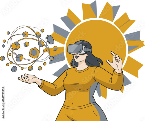 A woman explores a virtual space with VR headset, surrounded by geometric shapes and data visualizations. Modern, bright, and futuristic concept.