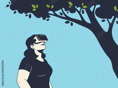 A woman explores nature through VR, blending technology and the outdoors. A striking visual showcasing the intersection of digital and natural worlds.