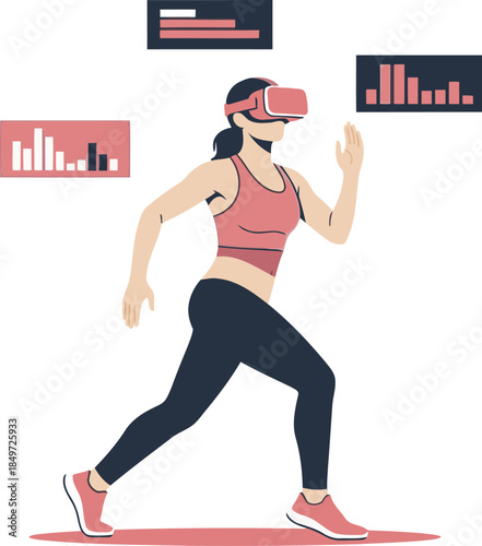 A woman in VR, actively exercising while monitoring data visualizations. Modern, energetic, and showcasing the potential of immersive fitness.  Bright, dynamic, and visually engaging.