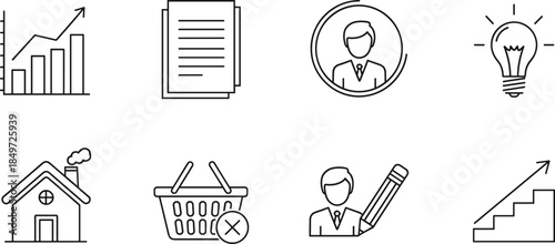 Outline business and productivity icons set with growth charts, documents, user profile, ideas, home, shopping, and career concepts