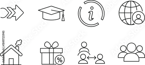 Outline education, navigation, information, global user, home, discount gift, communication, and team icons set in minimal line style