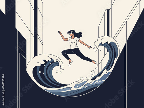 A woman surfs a wave of data in VR, symbolizing innovation and forward motion. Modern, dynamic illustration with a bright, energetic feel.