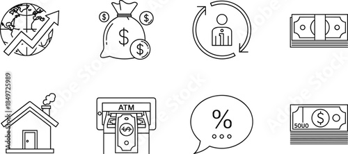 Outline finance and business icons set with global growth, money, banking, ATM, salary, investment, real estate, and user cycle concepts