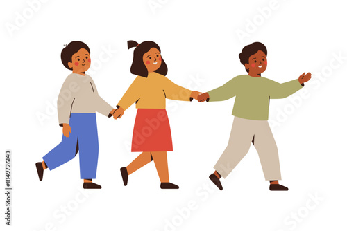 three preschool children go together and hold arms. International kids walk by hands. African american boy leads his friends and talking. Vector illustration