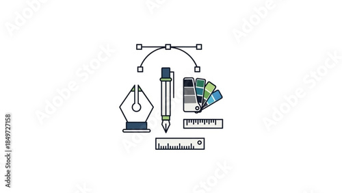 Graphic design tools including fountain pen nib, technical drawing pen, color palette, and ruler on white background for creative projects and vector illustration