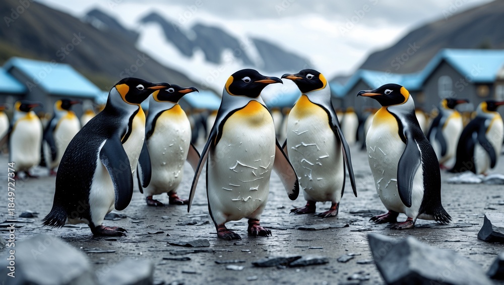 Obraz premium Group of emperor penguins gathered in a rocky landscape with snow-capped mountains in the background