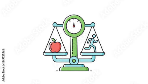A green scale balancing a red apple and a running person symbolizing health and wellness on a white background with a dial in the center