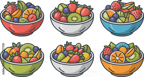 Set of fresh fruit salads in bowls, mixed berries, citrus, kiwi, strawberries and blueberries isolated on transparent background vector