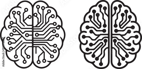 Brain Circuit Icon – Artificial Intelligence, Neural Network, Technology and Human Cognition in Minimal Line Art