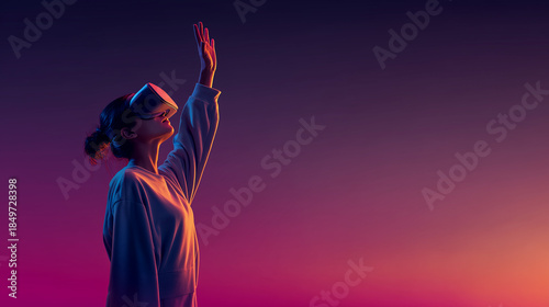 Woman experiencing virtual reality in a neon gradient atmosphere