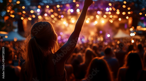 Blonde girl with raised hand at a golden sunset music festival