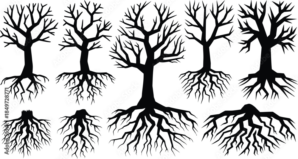 Obraz premium Dead Tree Silhouettes with Roots and Bare Branches Vector Collection