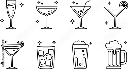 Alcohol Drinks and Cocktails Line Icons Set Vector Illustration