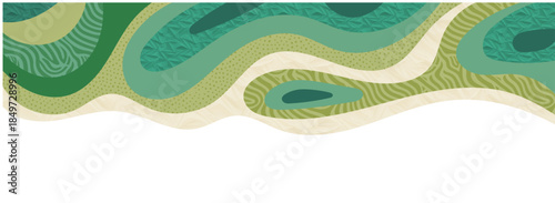 Green farm, abstract agriculture, garden template, field layout vector textured illustration. Green nature pattern, crop, hill, mountains. Ecological wavy ornament, eco header, sustainable scenic view