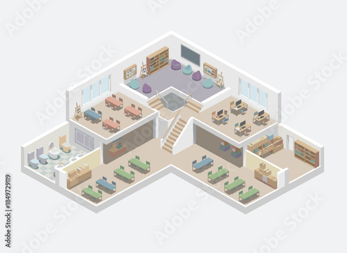 Modern school classroom interior with various learning spaces