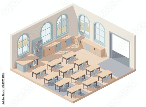 Modern classroom interior with desks and chairs arranged for learning