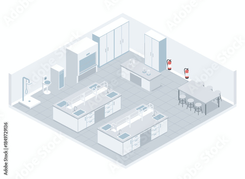 Modern laboratory interior with multiple workstations and equipment