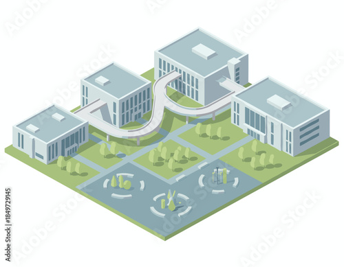 Modern office complex with green spaces and walkways