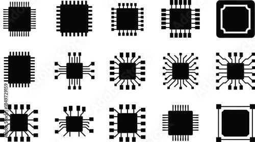 Microchip Icons Vector Set, CPU Processor Silhouette Symbols, Electronic Circuit Board Signs and Technology Glyph Collection