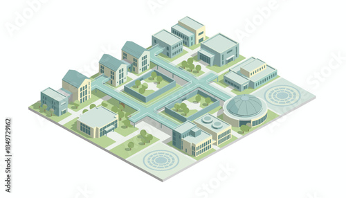 Modern university campus with green spaces and buildings