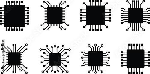 Microchip Icons Vector Set, CPU Processor Silhouette Symbols, Electronic Circuit Board Signs and Technology Glyph Collection