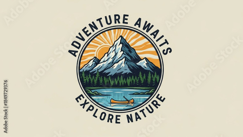 Vibrant illustration of mountain landscape with canoe on serene lake at sunrise, surrounded by trees and majestic peaks, inspiring adventure and exploration